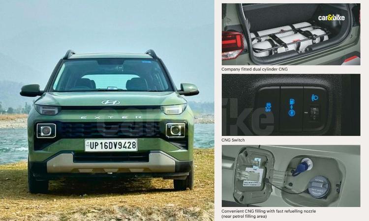 Hyundai Exter Hy-CNG Duo Launched With Dual-Cylinder Option; Priced From Rs 8.50 Lakh टाटा मोटर्स के नक्शेकदम पर चलते हुए, ह्यून्दे ने भी अपनी एंट्री-लेवल एसयूवी को अधिक स्थान-कुशल बनाने के लिए इसमें एक ट्वीन सीएनजी सिलेंडर सेटअप पेश किया है.