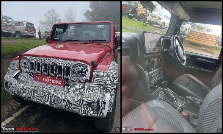 Mahindra Thar Facelift Spied With Thar Roxx-Derived Fascia, Updated Cabin टैस्टिंग मॉडल की नई तस्वीरें एसयूवी के अपडेटेड फ्रंट-एंड डिज़ाइन और कैबिन की एक झलक दिखाता हैं.