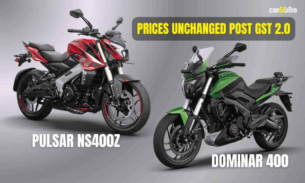 Baja Pulsar NS400, Dominar 400 Prices Remain Unchanged Post GST Hike ट्रायम्फ 400 सीरीज और केटीएम 390 सीरीज की तरह, बजाज ऑटो ने जीएसटी 2.0 के बाद कीमतों को अपरिवर्तित रखने के लिए अपनी पल्सर एनएस400 और डोमिनार 400 की अतिरिक्त लागत को कम रखने का विकल्प चुना है.