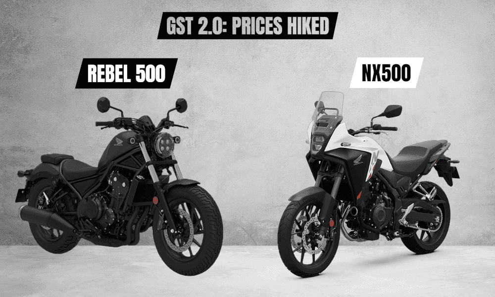 GST 2.0: होंडा रेबेल 500 और NX500 की कीमतें रु.43,000 तक बढ़ीं NX500 एडीवी की कीमत अब रु.6.33 लाख है, जबकि रिबेल 500 की कीमत रु.5.49 लाख (दोनों एक्स-शोरूम) है.