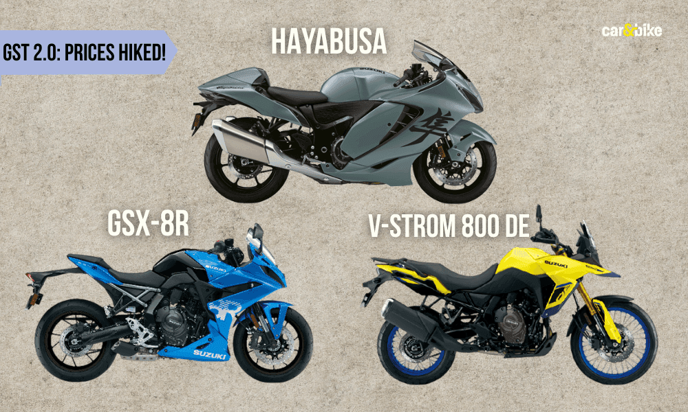 GST 2.0: Suzuki Hayabusa, GSX-8R, V-Strom 800 DE Prices Hiked By Up To Rs 1.16 Lakh हायाबुसा की कीमत में सबसे अधिक वृद्धि हुई है, उसके बाद वी-स्ट्रॉम 800 डीई और GSX-8आर की कीमत में वृद्धि हुई है.