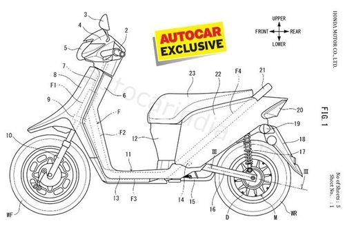 Honda Patents Electric Hub-Motor In India पेटेंट ड्रॉइंग में स्कूटर की बॉडी पर लगे हब मोटर को दिखाया गया है, जो भारत में लॉन्च होने वाला एक आगामी इलेक्ट्रिक स्कूटर बन सकता है.