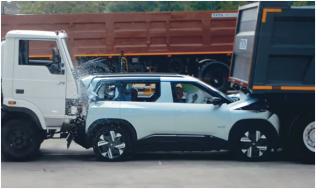 Tata Sierra EV Sandwiched Between Two Trucks In Novel Crash Test: Watch Video Tata Sierra EV Sandwiched Between Two Trucks In Novel Crash Test: Watch Video